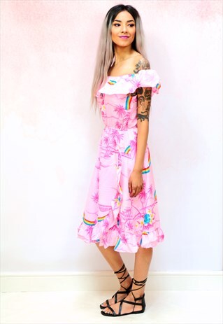 1980S VINTAGE PINK TROPICAL RAINBOW MOCK WRAP MIDI DRESS