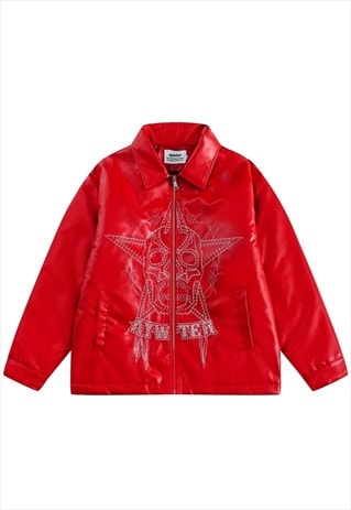 RED DAUX LEATHER JACKET PADDED PU BOMBER GOTHIC PUNK COAT