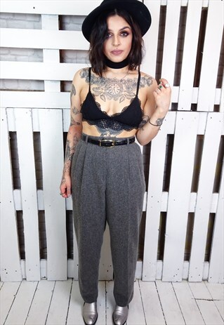 GREY HIGH WAISTED WOOL STRAIGHT LEGGED TROUSERS