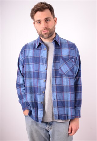 MENS VINTAGE FLANNEL SHIRT LARGE BLUE CHECK 90S