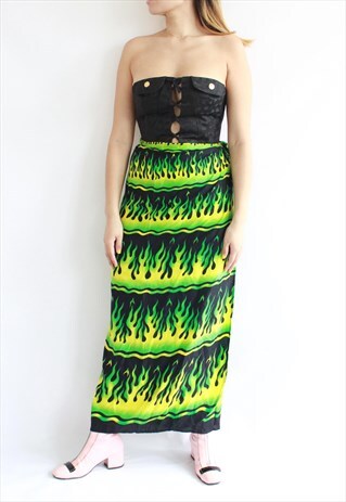 VINTAGE Y2K BLACK GREEN FLAME WRAP SKIRT