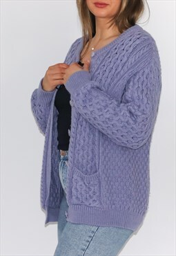 Pure Merino Wool Lilac Chunky Knit Aran Cardigan