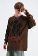 PUNK CARTOON T-SHIRT LONG SLEEVE TEE GRUNGE MOHAWK TOP BROWN