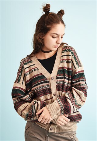 90'S RETRO FAIR ISLE PATTERN NEUTRAL KNIT CARDIGAN