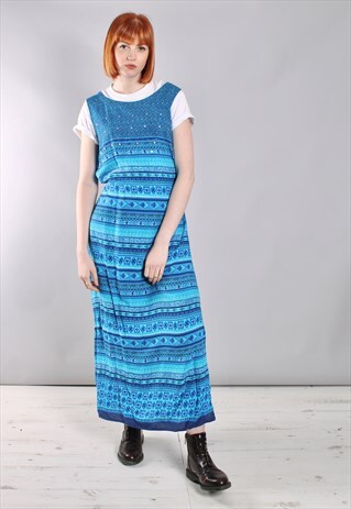VINTAGE 80S GEOMETRIC PATTERNED SEQUIN TIE BACK MAXI DRESS