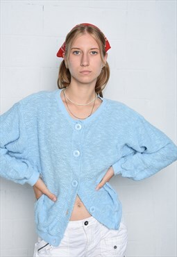 Vintage 80s light blue button front knitted jumper cardigan