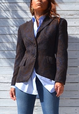 Vintage blue/brown/black jacquard paisley wool blend blazer