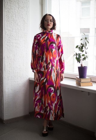 VINTAGE 70'S MAXI MULTICOLOR PATTERNED HIGH COLLAR DRESS