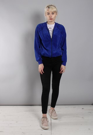 VINTAGE 80S BLUE CRUSHED VELVET BOMBER JACKET
