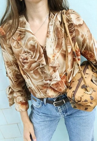 VINTAGE Y2K RUFFLE SHIMMER KITSCH FLORAL ROSE BLOUSE TOP