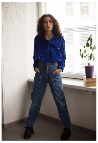 VINTAGE 90'S BRIGHT BLUE PATTERNED VELVET SHIRT