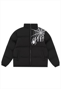 Spider web bomber jacket Gothic patchwork puffer in black