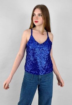 70's Blue Sequin Beaded Vintage Ladies Slip Style Top