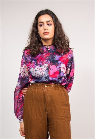 VINTAGE 70'S PINK CUTE FLORAL PATTERN SHEER BLOUSE