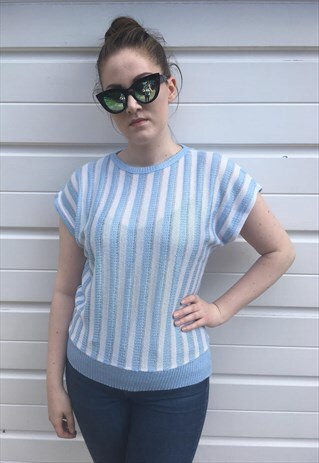 WOMENS VINTAGE 80S JUMPER SHORT SLEEVE JUMPER STRIPY TOP