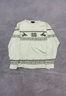 Vintage Knitted Jumper Reindeer Patterned Grandad Sweater