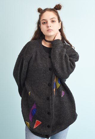 90'S RETRO OVERSIZED EMBROIDERED MOMS KNIT LONG CARDIGAN