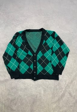 Vintage Knitted Cardigan Argyle Patterned Grandad Sweater