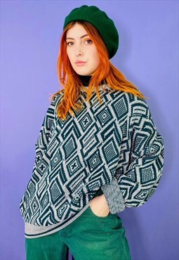 Vintage Chunky Knitted Abstract Patterned Oversized Jumper