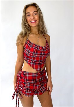 Red Tartan Ruched Side mini low rise skirt 