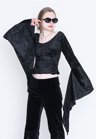 VINTAGE BLACK VELVET WIDE SLEEVE RETRO BLOUSE