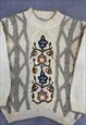 VINTAGE KNITTED JUMPER EMBROIDERED FLOWERS PATTERNED KNIT 