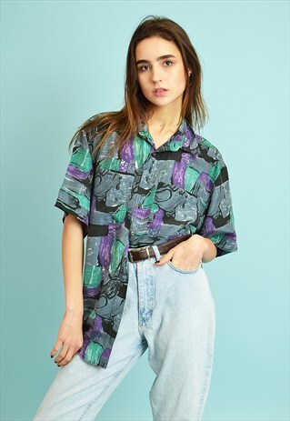 90'S RETRO ABSTRACT PATTERN SILK BLOUSE SHIRT TOP
