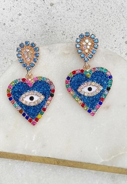 Gold Blue Evil Eye Diamante Heart Stud  Earrings