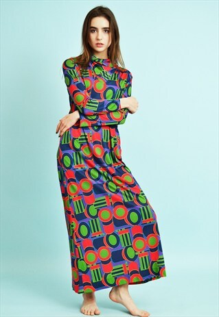 70'S RETRO MOD ABSTRACT PRINT FULL LENGTH LYCRA DRESS