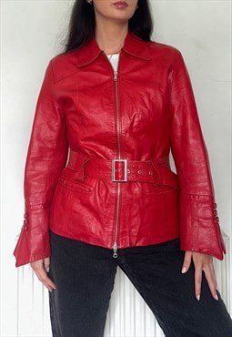 Cherry Red Leather Bomber Jacket