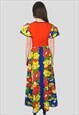 70'S VINTAGE FLORAL BLUE RED SHORT SLEEVE MAXI DRESS SMALL