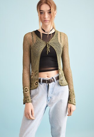 90'S RETRO BOHO FESTIVAL SHEER KNIT MOMS TOP CARDIGAN