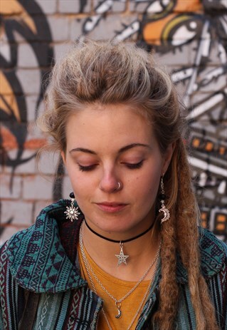 SILVER & BLACK CRYSTAL MISMATCH SUN & MOON EARRINGS