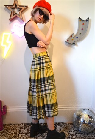 VINTAGE 80'S TARTAN PLEATED YELLOW MIDI SKIRT
