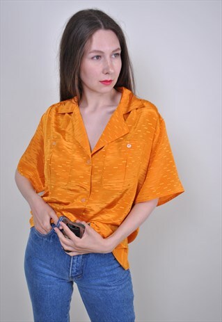 80S PATTERN ORANGE BLOUSE, VINTAGE SHORT SLEEVE SUMMER SHIRT