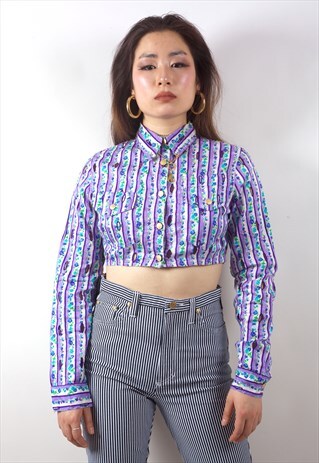 GIANNI VERSACE PRINT FLORAL PURPLE CROP BLOUSE