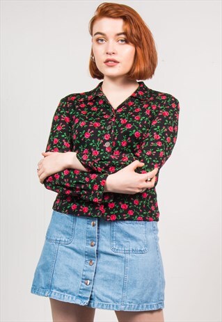 VINTAGE 70'S BLACK FLORAL BLOUSE SHIRT
