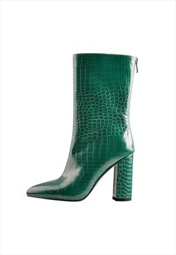 Pattern Chunky High Heels Darkseagreen Ankle Boots