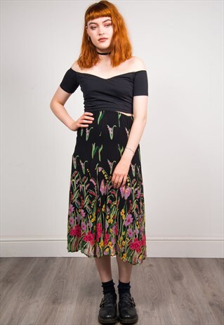 VINTAGE 90'S BLACK FLORAL PRINT HIGH WAIST MIDI SKIRT
