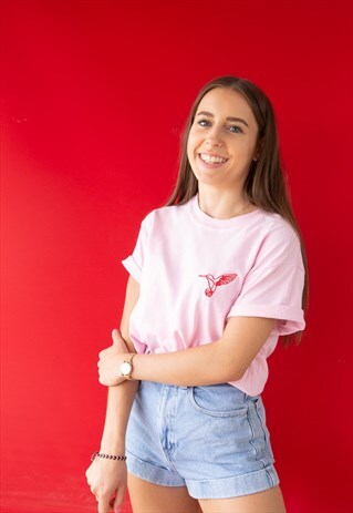 ORGANIC UNISEX T-SHIRT IN PINK WITH HUMMINGBIRD EMBROIDERY