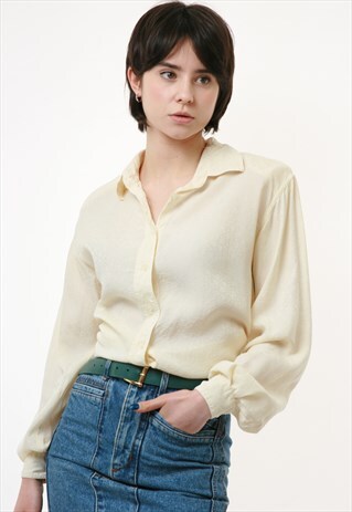 80S VINTAG SETA NATURAL BEIGE BUTTONS UP BLOUSE 2481
