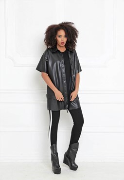 Short-sleeve shirt jacket in quality faux leather 