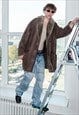 90's Vintage heavy duty fur trim leather coat in chocolate