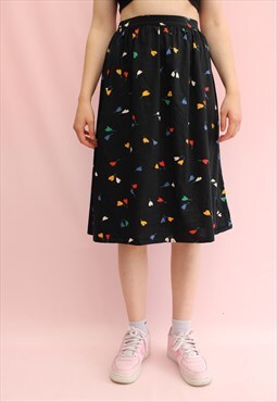 Vintage high waisted midi skirt black w multi colour print 