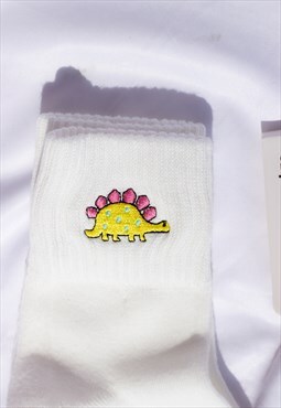 White Dinosaur Embroidered Socks