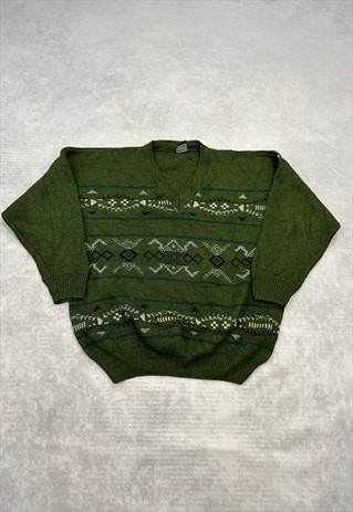 VINTAGE KNITTED JUMPER ABSTRACT PATTERNED V-NECK SWEATER