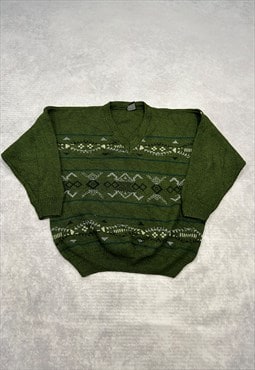 Vintage Knitted Jumper Abstract Patterned V-Neck Sweater