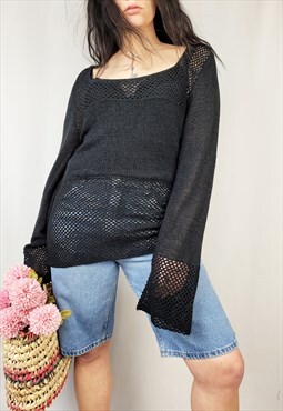Vintage 90s black sheer net knit slouchy jumper top