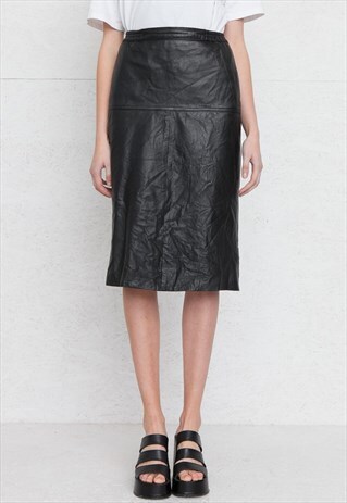 VINTAGE BLACK LEATHER MIDI SKIRT