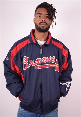 MAJESTIC MENS VINTAGE BRAVES BOMBER JACKET LARGE BLUE 90S